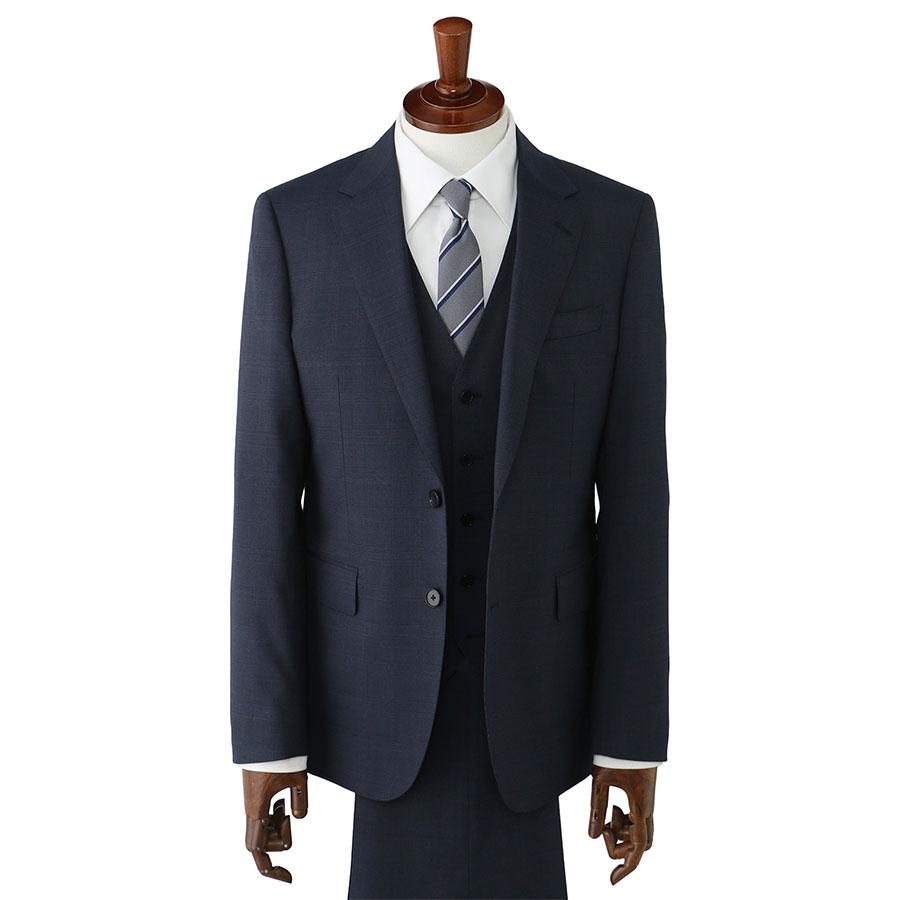 【洋服の青山】スリーピース ベスト付き スーツ メンズ スリム 春夏 ブルー グレンチェック 大きいサイズ 2ボタン 背抜き ノータック ストレッチ 動きやすいの画像