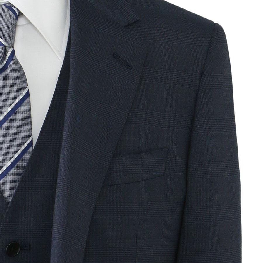 【洋服の青山】スリーピース ベスト付き スーツ メンズ スリム 春夏 ブルー グレンチェック 大きいサイズ 2ボタン 背抜き ノータック ストレッチ 動きやすいの画像