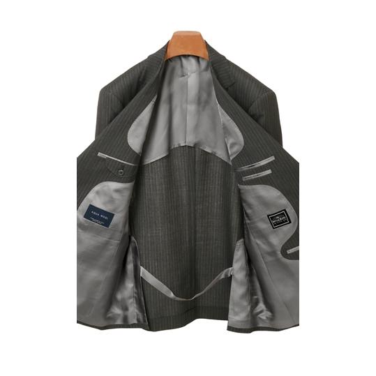 【洋服の青山】プレミアム メンズ スーツ ウール100％ 春夏 グレー 灰色 スタンダード 男性 シングル ビジネス 2ボタン ワンタック サイドベンツ ストライプの画像