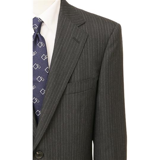 【洋服の青山】プレミアム メンズ スーツ ウール100％ 春夏 グレー 灰色 スタンダード 男性 シングル ビジネス 2ボタン ワンタック サイドベンツ ストライプの画像