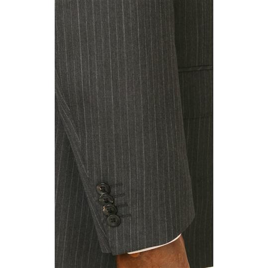 【洋服の青山】プレミアム メンズ スーツ ウール100％ 春夏 グレー 灰色 スタンダード 男性 シングル ビジネス 2ボタン ワンタック サイドベンツ ストライプの画像