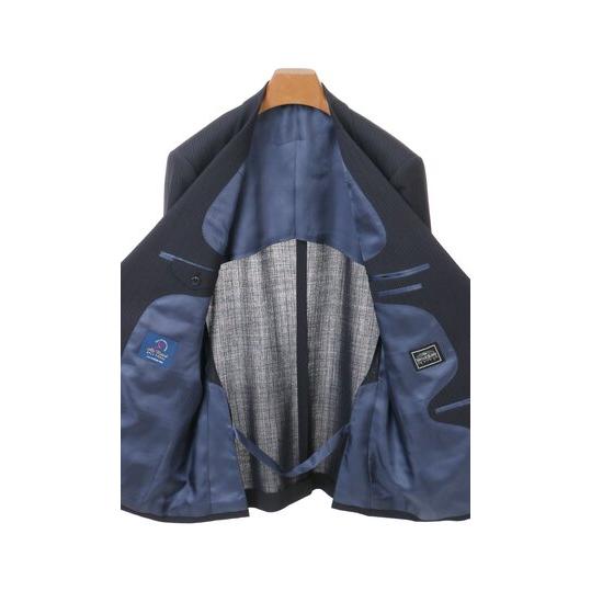 【洋服の青山】ウール100％ スーツ メンズ ゆったり 春夏用 ネイビー ストライプ プレミアム 2ボタン 背抜き サイドベンツ ワンタック 軽量 軽い 通気性の画像