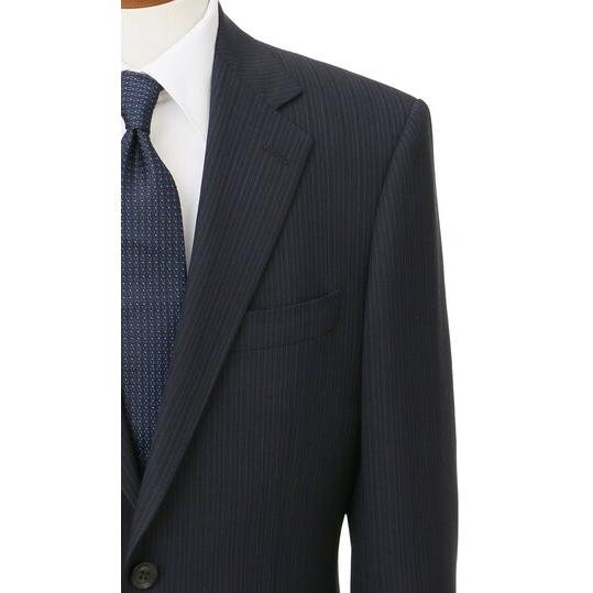 【洋服の青山】ウール100％ スーツ メンズ ゆったり 春夏用 ネイビー ストライプ プレミアム 2ボタン 背抜き サイドベンツ ワンタック 軽量 軽い 通気性の画像