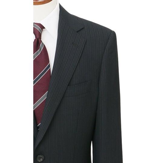 【洋服の青山】ウール100％ スーツ メンズ ゆったり 春夏用 ブラック ストライプ プレミアム 2ボタン 背抜き サイドベンツ ワンタック 軽量 軽い 通気性の画像