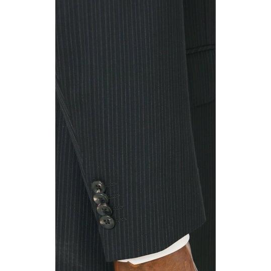 【洋服の青山】ウール100％ スーツ メンズ ゆったり 春夏用 ブラック ストライプ プレミアム 2ボタン 背抜き サイドベンツ ワンタック 軽量 軽い 通気性の画像