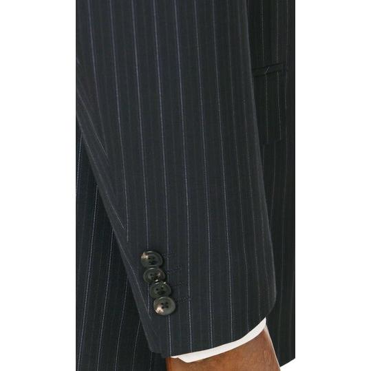 【洋服の青山】ウール100％ スーツ メンズ ゆったり 春夏用 ブラック ストライプ プレミアム 2ボタン 背抜き サイドベンツ ワンタック 軽量 通気性 ムレにくいの画像