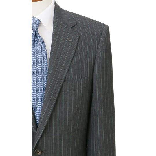 【洋服の青山】ウール100％ スーツ メンズ ゆったり 春夏用 グレー ストライプ プレミアム 2ボタン 背抜き サイドベンツ ワンタック 軽量 通気性 ムレにくいの画像