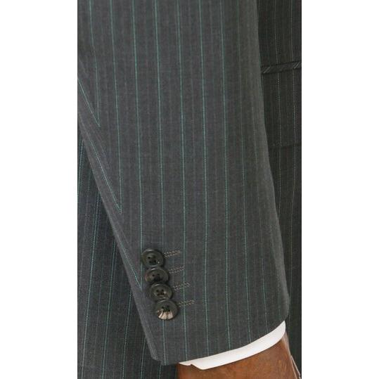 【洋服の青山】ウール100％ スーツ メンズ ゆったり 春夏用 グレー ストライプ プレミアム 2ボタン 背抜き サイドベンツ ワンタック 軽量 通気性 ムレにくいの画像