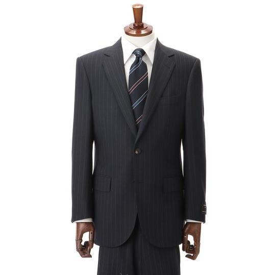 【洋服の青山】スーツ メンズ ゆったり オールシーズン 春夏 秋冬 ネイビー 紺 ストライプ ウール100% 御幸毛織 2ボタン 背抜き サイドベンツ ワンタック 耐久性の画像
