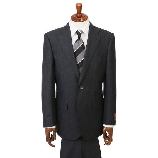 【洋服の青山】ウール100% プレミアム スーツ メンズ ゆったり 秋冬 グレー 灰色 ストライプ 大きいサイズ C.D.K SUPER TEX 2ボタン シングル 総裏 サイドベンツの画像