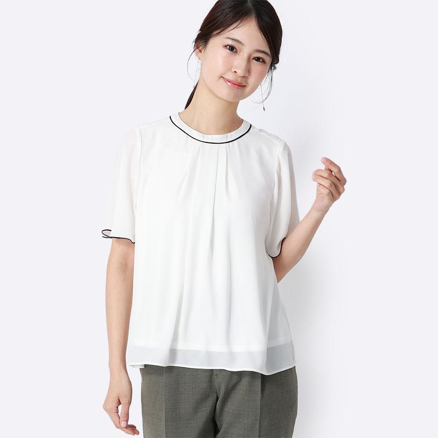 AOYAMA 【洋服の青山】配色ブラウス クルーネック 二の腕カバー 半袖