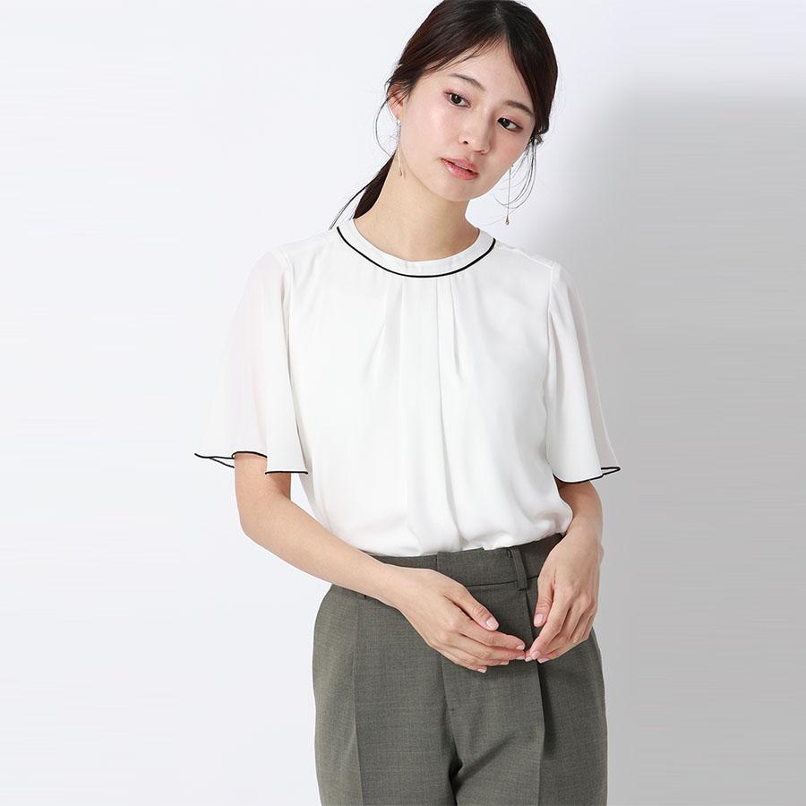 AOYAMA 【洋服の青山】配色ブラウス クルーネック 二の腕カバー 半袖