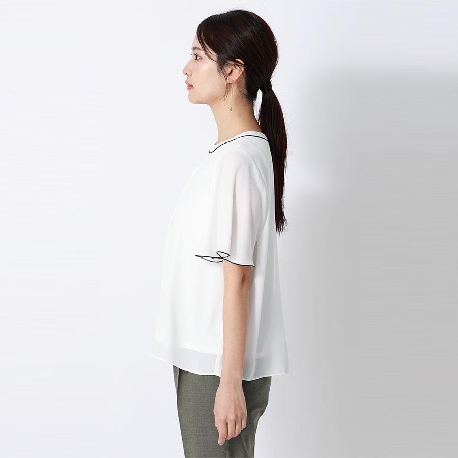AOYAMA 【洋服の青山】配色ブラウス クルーネック 二の腕カバー 半袖