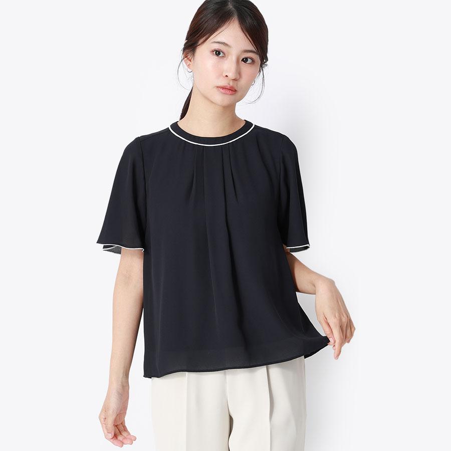 新品　アドーア　半袖ブラウス　プルオーバー　ネイビー AOYAMA 【洋服の青山】配色ブラウス クルーネック 二の腕カバー 半袖