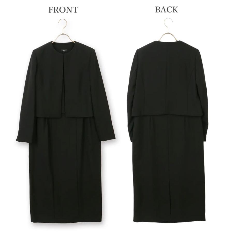 【洋服の青山】洗える 喪服 礼服 レディース 2点 セット ワンピース ジャケット ノーカラー 濃染 ブラック フォーマル セットアップ タック ひざ下丈 前開きの画像