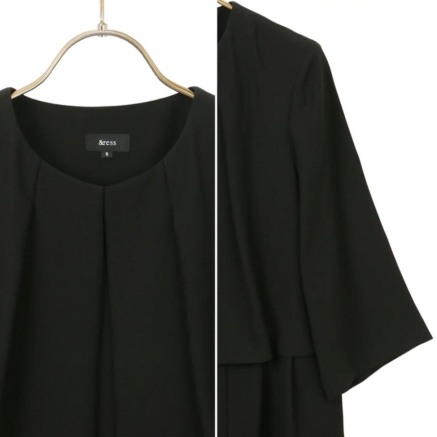 【洋服の青山】洗える 喪服 礼服 レディース 2点 セット ワンピース ジャケット ノーカラー 濃染 ブラック フォーマル セットアップ タック ひざ下丈 前開きの画像