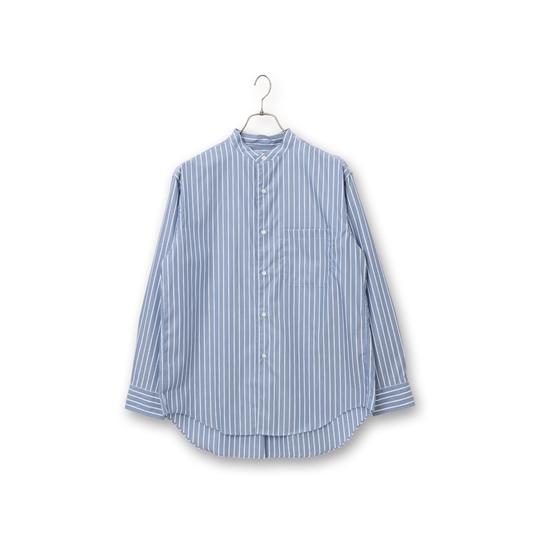 美品 45r 長袖シャツ 青ストライプ バンドカラー R刺繍 サイズ3 日本製 AOYAMA 【洋服の青山】綿100% 春夏秋冬 ブルー 青 バンドカラーシャツ