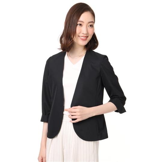 AOYAMA 春夏用 ネイビー系 フロントホックVノーカラージャケット【7分 
