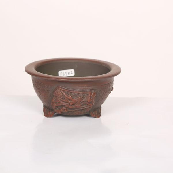 盆栽鉢　常滑焼　美芸 盆栽小鉢：美芸（常滑）丸エン付三面龍鉢 11.4cm*資材 : 遊恵盆栽