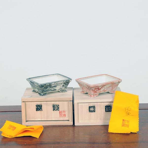 盆栽鉢　　平安祐泉 中古】盆栽鉢 平安佑泉 小鉢 長辺 約9.5cm 長方鉢 赤絵 山水図