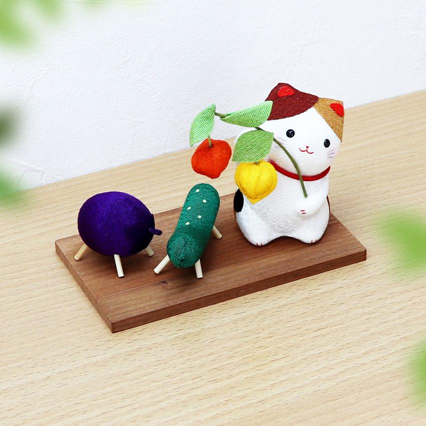 お盆飾り ちりめん製 コンパクト 三毛猫とお盆飾りセット ミニお線香