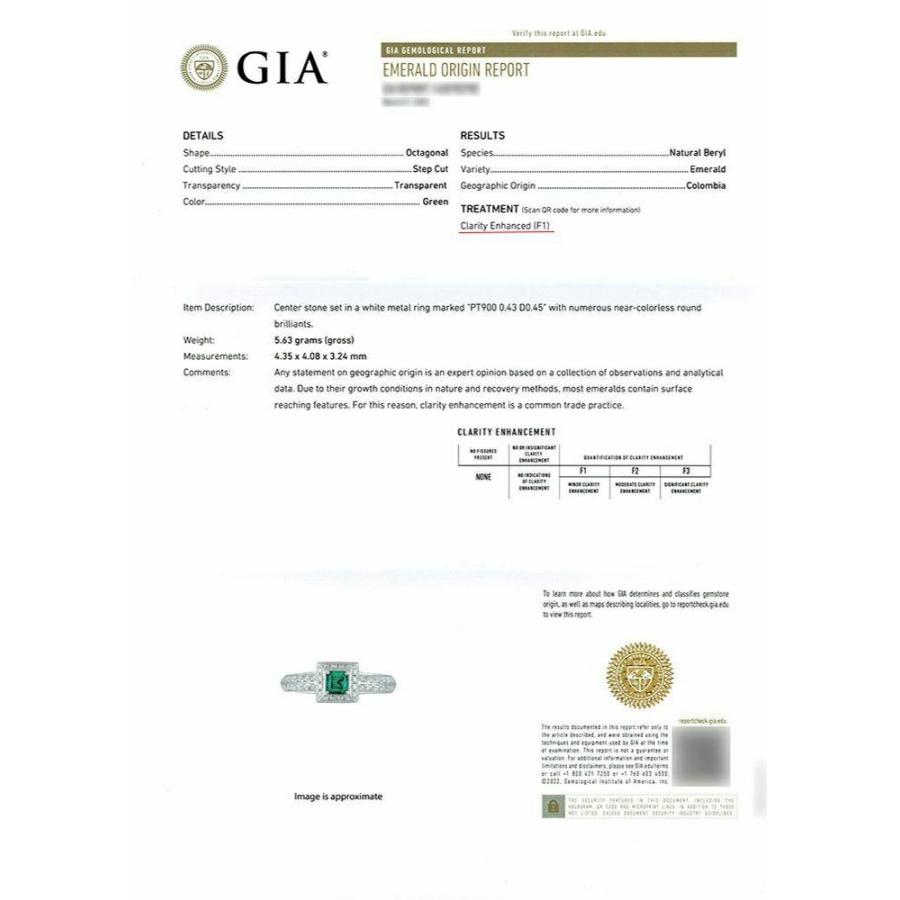 コロンビア産ムゾー鉱山エメラルド0.43ctプラチナリングダイヤ0.45ct付