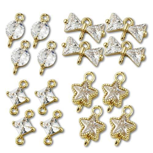 ガラスストーン カン付き コネクター チャーム リボン 丸 四角 星 ラインストーン 両方カン ピアス アクセサリー パーツ 4種16個セット 品質が完璧
