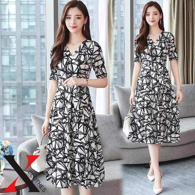 カシュクールワンピース レディース ロング丈 半袖 モノクロ Hane 8610 X Clothesファッション通販 通販 Yahoo ショッピング