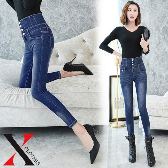 スキニーデニム レディース 美脚 スキニーデニムパンツ ジーンズ ジーパン レディース ファッション ボトムス スリム ハイウエスト フロントボタン ブルー Hane X Clothesファッション通販 通販 Yahoo ショッピング
