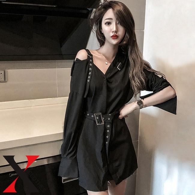 肩 ベルト デザイン シャツワンピース 長袖 ミニ ショート丈 シャツ ワンピース レディース セクシー キャバ Hane1510 X Clothesファッション通販 通販 Yahoo ショッピング