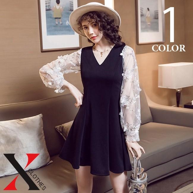 ワンピース レディース 長袖 ミニ フレア ミニワンピース ワンピ 切り替え ドッキング シースルー 袖 Vネック ブラック 黒 パーティー 女子 Hane X Clothesファッション通販 通販 Yahoo ショッピング