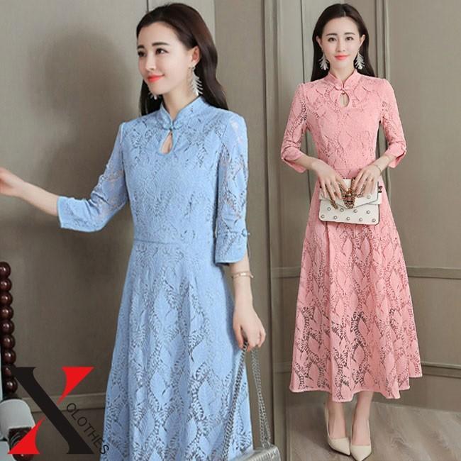 ロングワンピース ワンピース レディース ロング ロング丈 7分袖 チャイナ風 デザイン レース 総レース Hane X Clothesファッション通販 通販 Yahoo ショッピング