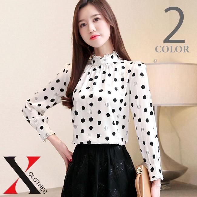 ドット柄 水玉 ブラウス 長袖 トップス フリル フェミニン ホワイト ブラック シフォンブラウス 春 夏 秋 S M L Xl 2xl Hane X Clothesファッション通販 通販 Yahoo ショッピング