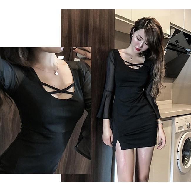 胸元 クロス シースルー ドッキング 長袖 マイクロミニ スリット ワンピース レディース ミニ ショート丈 Hane9291 X Clothesファッション通販 通販 Yahoo ショッピング