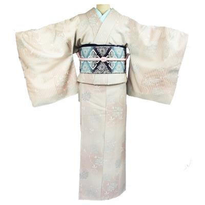 ふるさと納税 つくば市 車いす用着物レンタル3日間[小紋:淡いピンク色縦縞模様 太鼓帯:青色 草花文(草履付き)]