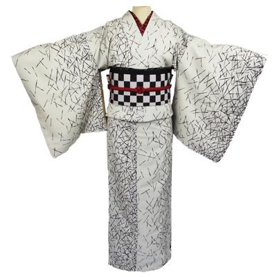 ふるさと納税 つくば市 車いす用着物レンタル3日間[小紋:白色 松葉柄 太鼓帯:白黒色 市松柄(草履付き)]