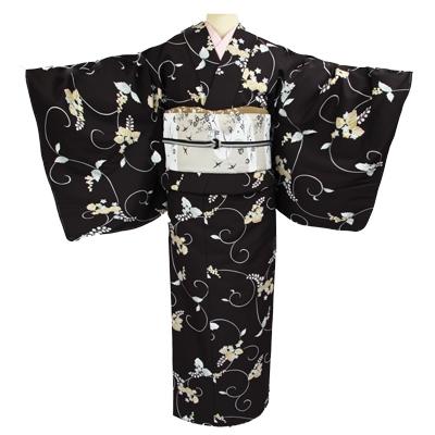 ふるさと納税 つくば市 車いす用着物レンタル3日間[小紋:黒色 葡萄柄 太鼓帯:白色 水辺に鶴柄(草履付き)]