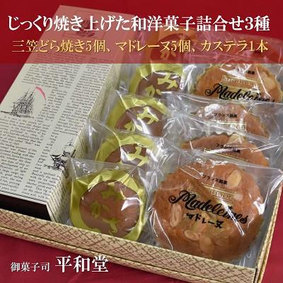 ふるさと納税 四條畷市 焼菓子 詰合せ 3種11個入り (三笠どら焼き5個、マドレーヌ5個、カステラ1本) 御菓子司 平和堂