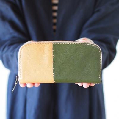 ふるさと納税 七尾市 [本革]ラウンドファスナー長財布/ナチュラル×オリーブ/ハンドメイド