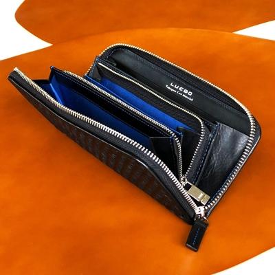 ふるさと納税 新庄市 LUEGO 山形牛革 限定モデルラウンド長財布/ブラック×ブルー