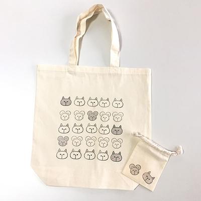ふるさと納税 小山市 消しゴムはんこで制作 ネコとネズミのトートバッグ&amp;ミニ巾着