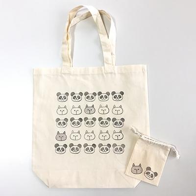 ふるさと納税 小山市 消しゴムはんこで制作 パンダとネコのトートバッグ&amp;ミニ巾着