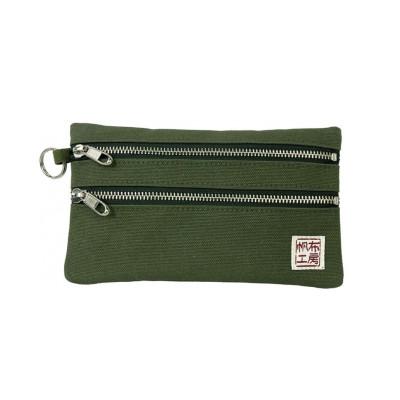 ふるさと納税 加東市 帆布工房 横長二段ファスナー付きポーチ(カーキ) 約12×20cm