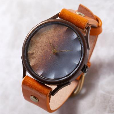 ふるさと納税 大津市 [信楽焼]で作る陶器の文字盤 ハンドメイドウォッチ 伝統工芸品 文字盤:茶 ベルトカラー:蜜柑