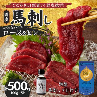 ふるさと納税 久留米市 やわらか 国産馬刺し (ロース・ヒレ)[100g×5パック]馬刺しタレ[あまくち]付き (福岡県産)