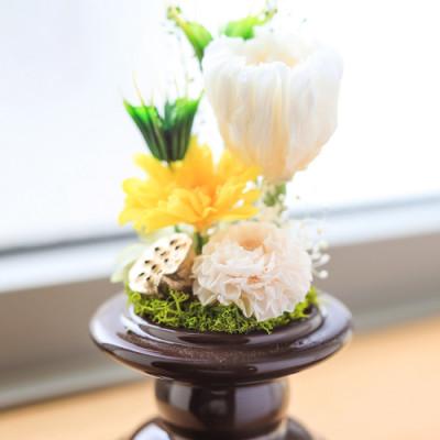 ふるさと納税 山梨県 プリザーブドフラワー 仏花 ガラスドーム「寂静きいろ」2個セット |  | 03