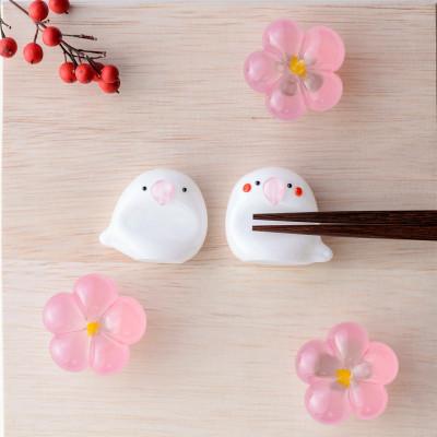 ふるさと納税 長野市 木箱入りお箸置きセット[桃の花箸置き3個・立てて飾れる文鳥お箸置きペア]