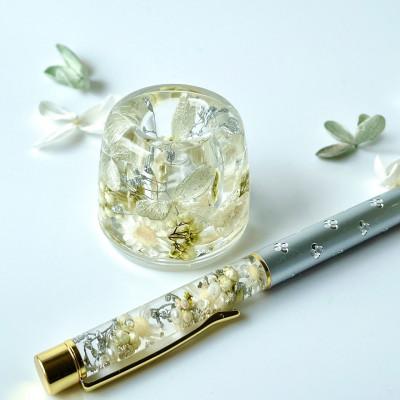 ふるさと納税 安城市 ハーバリウムボールペン&amp;ペン立てセット(ホワイト、シルバー系)ギフト用