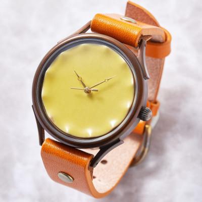 ふるさと納税 大津市 [信楽焼]で作る陶器の文字盤 ハンドメイドウォッチ 伝統工芸品 文字盤:黄色 ベルトカラー:蜜柑