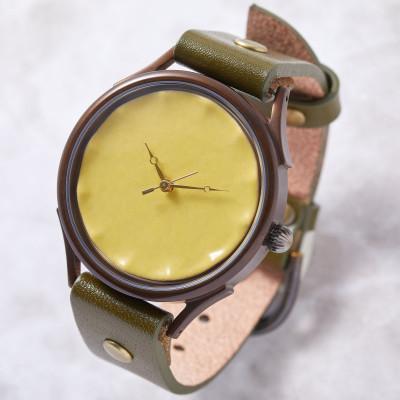 ふるさと納税 大津市 [信楽焼]で作る陶器の文字盤 ハンドメイドウォッチ 工芸品 文字盤:黄色 ベルトカラー:オリーブ